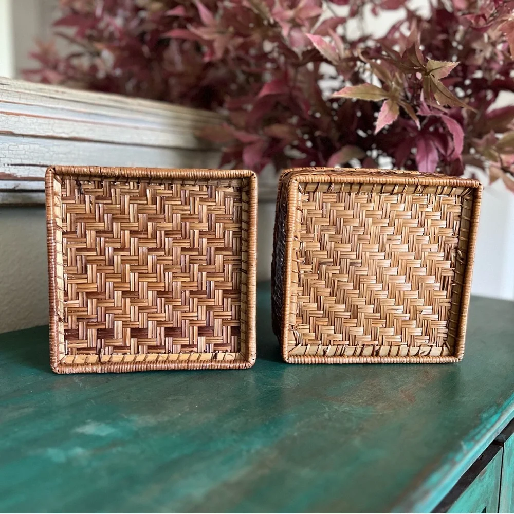 Set of 2 | Rattan Square Baskets | Vintage | Two Sizes